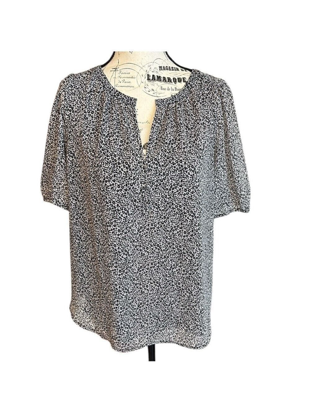 Loft Leopard Print Blouse Puff Sleeve Henley Black & White Size M